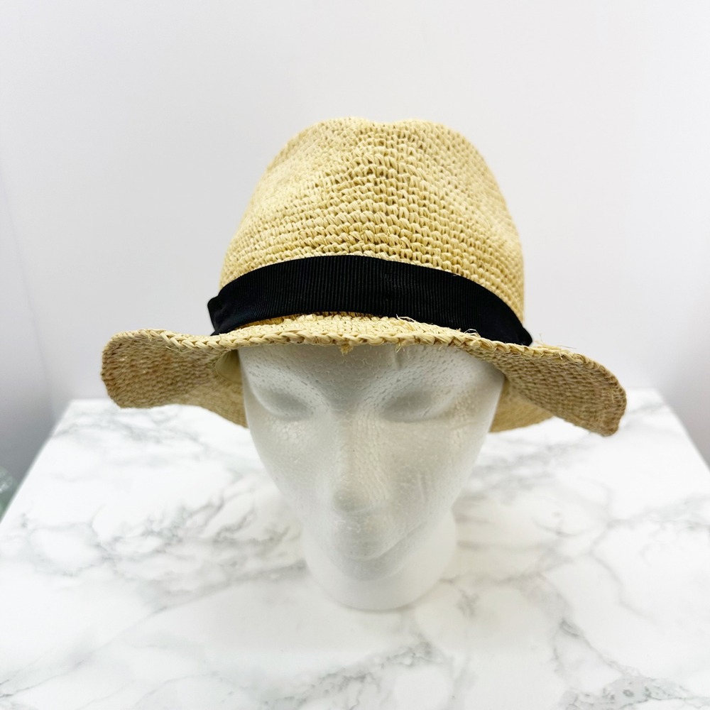 J.Crew Raffia Straw Fedora Hat Women‎ S/M Tan Black Ribbon Band